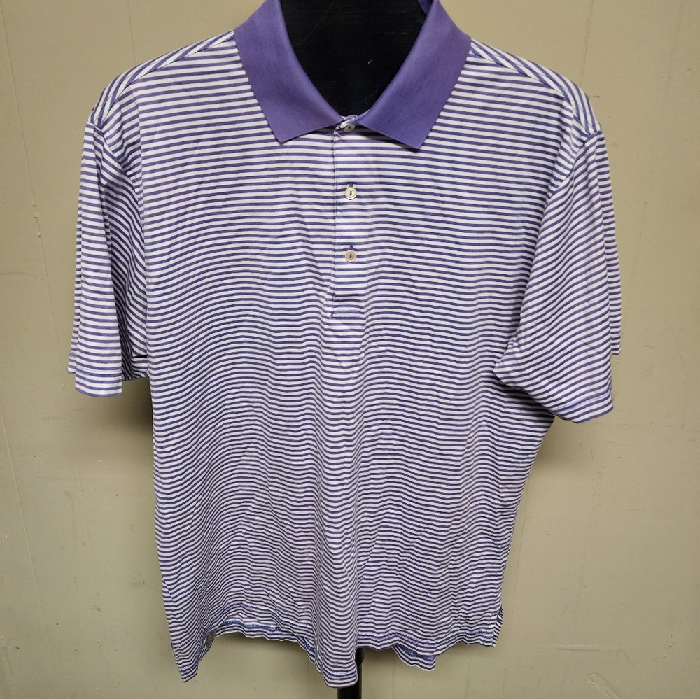 Peter Millar Men's Size Large Purple White Striped Short Sleeve Polo.  